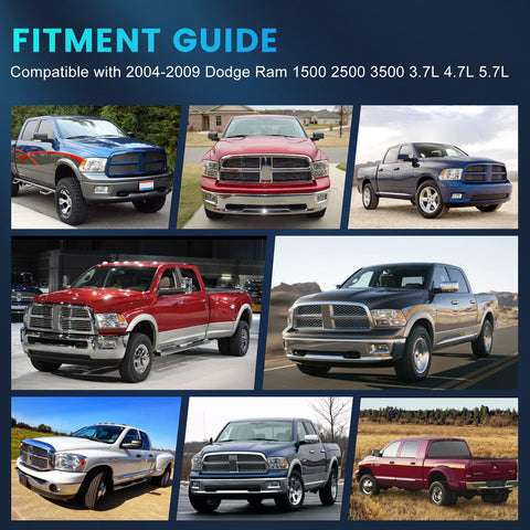 Various 2004-2009 Dodge Ram models compatible with Fuel Pump Module E7184M for 1500 2500 3500 3.7L 4.7L 5.7L trucks.