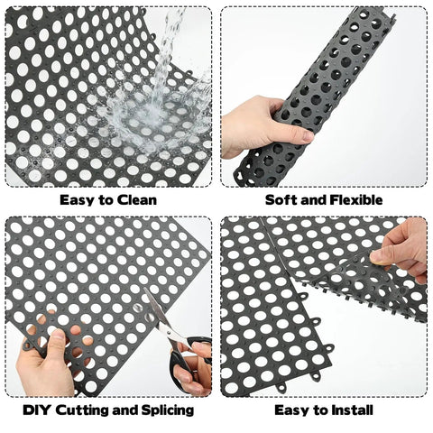 50 Pack Interlocking Drainage Mats 11.8 By 11.8 Inches Non Slip TPE Floor Tiles With Drain Holes shown being cleaned, cut, and installed