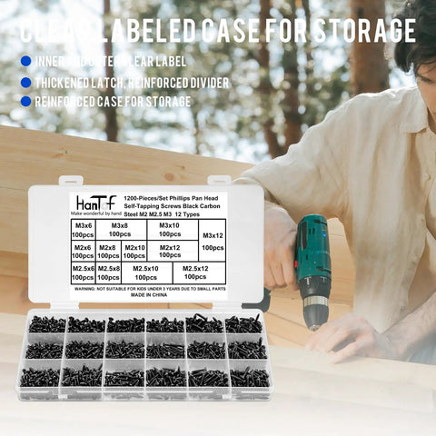 Heavy Duty Black Phillips Pan Head Micro Screw Assortment Set For Wood Plastic And Soft Metal Diy Hardware in labeled case.