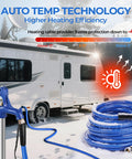 Blue heated RV water hose with fittings, 30 ft extendable to 100 ft, coiled beside a white camper.