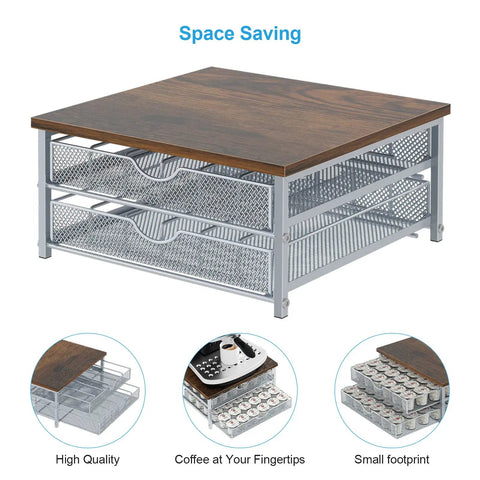Rustic Wood And Metal Coffee Pod Holder With Sliding Drawers, 72 Pod Storage Organizer For Counter Or Coffee Station, Silver Finish