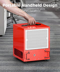 Portable Air Filtration System With Built In Ionizer for Woodworking Dust Control in red handheld design on office floor.