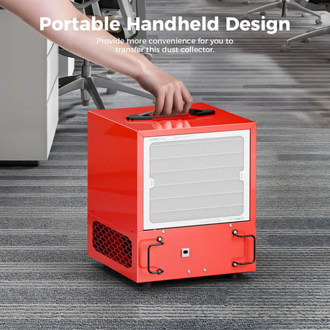 Portable Air Filtration System With Built In Ionizer for Woodworking Dust Control in red handheld design on office floor.