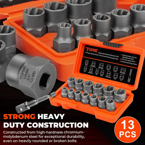Bolt Extractor Kit 14 Piece Impact Grade CRMO Steel Nut Remover Set With Three Eighths Inch Drive Socket For Removing Frozen Rusted Rounded Bolts And Lug Nuts Sizes Eight To Nineteen Millimeters In Automotive And Machinery Repair