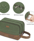 Green travel toiletry bag with water-resistant fabric, SBS metal zippers, and leather handle showing features of Your Go To Travel Toiletry Bag With Wet Dry Separation, Large Main Compartment, Water Resistant Hanging Dopp Kit For Men Or Women, Ideal For Shaving Gear, Toiletries, Cosmetics, And Travel Essentials, Green.