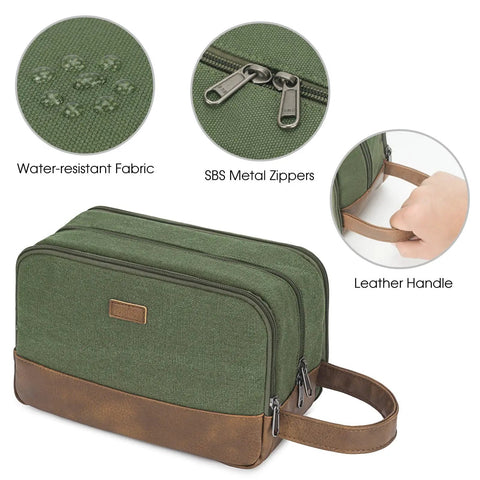 Green travel toiletry bag with water-resistant fabric, SBS metal zippers, and leather handle showing features of Your Go To Travel Toiletry Bag With Wet Dry Separation, Large Main Compartment, Water Resistant Hanging Dopp Kit For Men Or Women, Ideal For Shaving Gear, Toiletries, Cosmetics, And Travel Essentials, Green.