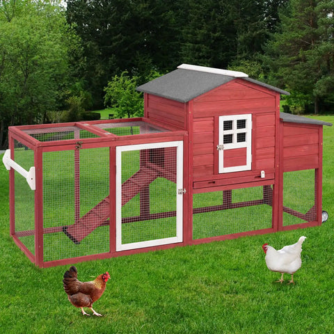 Wooden Chicken Coop With Nesting Box And Waterproof Roof, cozy space for hens with removable tray and ramp, outdoor setting