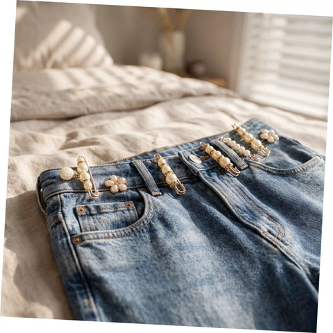 Eight Piece Pearl Waist Tightener Pin Set Elegant Alloy Dress Cincher Clips on denim jeans for gap filling and secure fit.