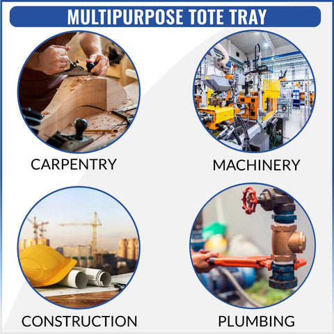 Uses for Heavy Duty Multiuse Tote Tray: carpentry, machinery, construction, plumbing; multipurpose organizer with six dividers.