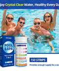 7 In 1 Pool Test Strips 150 Count Hot Tub And Spa Water Tester showing test strips alongside happy friends in a swimming pool.