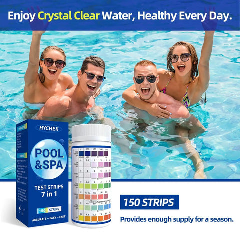 7 In 1 Pool Test Strips 150 Count Hot Tub And Spa Water Tester showing test strips alongside happy friends in a swimming pool.