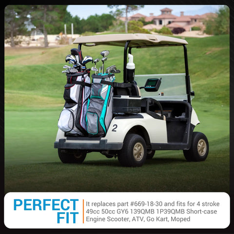 Golf cart on course carrying golf bags, focuses on Replacement Starter Generator Belt For Club Car DS 1992 Up And Precedent Gas Carts 2004 Up