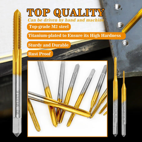 10 Pc Micro Metric Tap Set With Wrench M1 To M3.5 highlighted in gold, titanium-plated steel for small screws and precision projects.