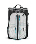 Open view of City Commuter Camera Backpack With 18 Liter Rolltop Closure showing multiple interior compartments for gear and accessories.