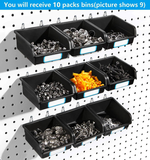 Ten Pack Pegboard Bins With Hooks And Labels For Organizing Accessories In Black Durable Polypropylene That Holds Up To 22 Lbs