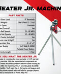 Kid Friendly Portable Baseball Pitching Machine With Adjustable Speed And Angle For Backyard Practice 12 Ball Automatic Feeder Keeps Throws On Point And Builds Young Players' Skills, showing Heater Jr. model and specifications chart.