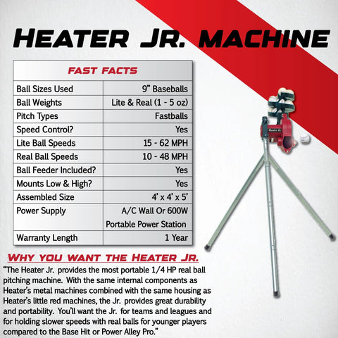 Kid Friendly Portable Baseball Pitching Machine With Adjustable Speed And Angle For Backyard Practice 12 Ball Automatic Feeder Keeps Throws On Point And Builds Young Players' Skills, showing Heater Jr. model and specifications chart.