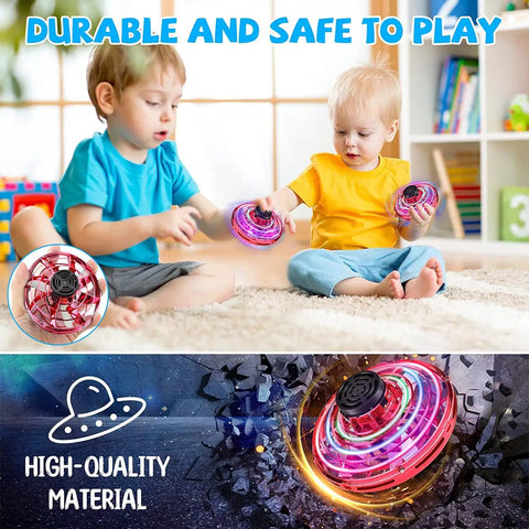 Children playing indoors with Mini UFO Drone Spinner With Hand Control Dope Boomerang Flying Fidget Toy 360 Degree Sensor Hover
