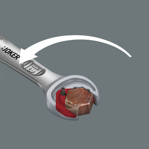 Close-up of Joker Ratcheting Combination Wrench 12x170.7mm Multi, showing jaw plate holding function gripping a nut.