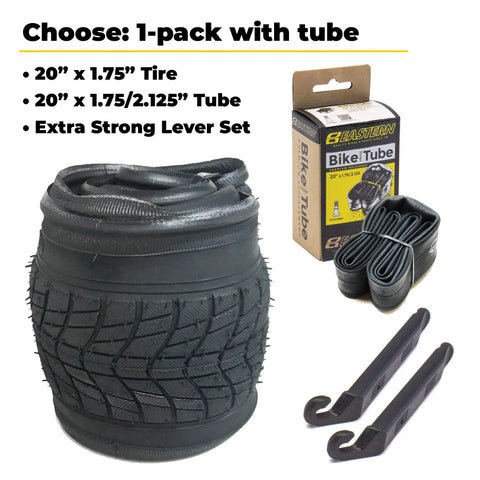 20 Inch Bike Tire Replacement Kit With Tools For Kids And BMX Bikes Fits 20x1.75 Tubes Tires Rims Front Or Rear Wheels Includes Essential Tire Tools 1 Pack Or 2 Pack No Tube Option Upgrade From Stock Parts. Black tire, tube, levers.