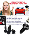 Heavy Duty Premium Black Anti Theft License Plate Screws M6 Stainless Steel Bolt Set For Vehicles on display with concerned woman.