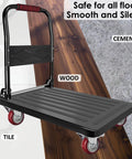Platform cart with heavy-duty locking caster wheels, suitable for wood, cement, and tile floors, ensuring smooth and silent movement.