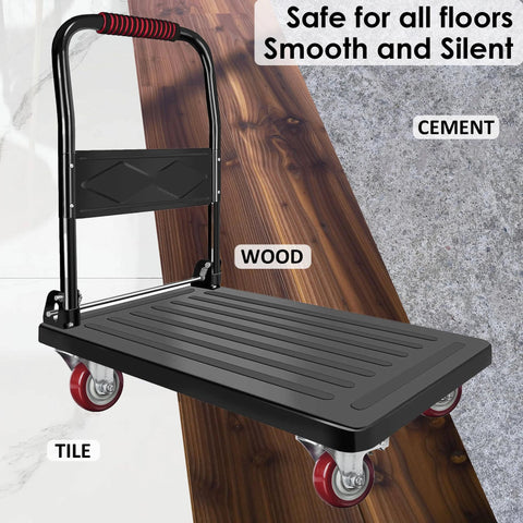 Platform cart with heavy-duty locking caster wheels, suitable for wood, cement, and tile floors, ensuring smooth and silent movement.