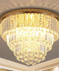 Modern K9 Crystal Gold Flush Mount Chandelier With 6 Lights, 3 Tier Round Ceiling Fixture, Crystal Raindrops Sparkle, Brass Gold Finish