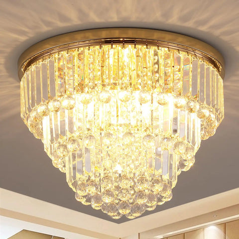 Modern K9 Crystal Gold Flush Mount Chandelier With 6 Lights, 3 Tier Round Ceiling Fixture, Crystal Raindrops Sparkle, Brass Gold Finish
