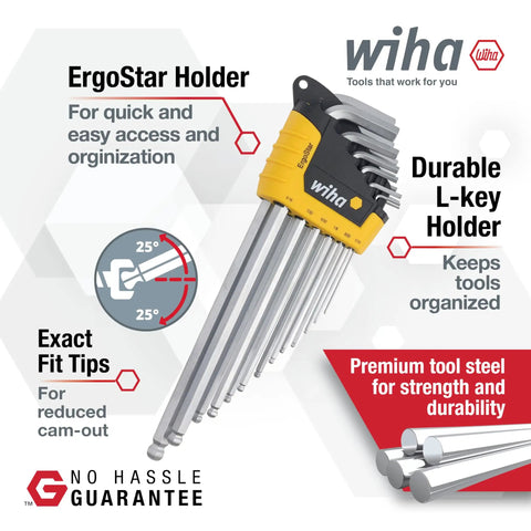 ErgoStar Ball End Hex Key Set, 13 Piece, Inch Sizes, Auto Open Holder, Chrome Vanadium Molybdenum Steel, 60 HRC Hardened for Tough Longevity, Includes Sizes.050, 1/16, 5/64, 3/32, 7/64, 1/8, 9/64, 5/32, 3/16, 7/32, 1/4, 5/16, 3/8
