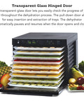 No Sweat Electric Food Dehydrator With Digital Temperature Control And Smart Timer Rock Solid Dual Fans BPA Free Tray Stack Clear Glass Door Black Strong Frame showing drying trays with various fruits and vegetables.