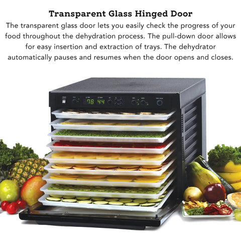 No Sweat Electric Food Dehydrator With Digital Temperature Control And Smart Timer Rock Solid Dual Fans BPA Free Tray Stack Clear Glass Door Black Strong Frame showing drying trays with various fruits and vegetables.
