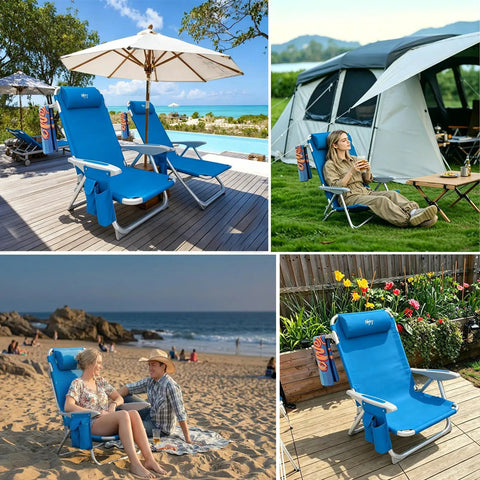 Adult Beach Chair Set With Adjustable Recline And Lay Flat Position Lightweight Foldable Aluminum Chairs next to beach and tent
