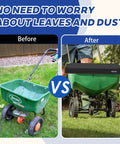 Comparison of a broadcast spreader before and after using a Waterproof 600D Heavy Duty Spreader Cover For Broadcast Spreaders P20-5010 And 85-100 Lb Fertilizer Spreaders Rain Or Shine All Weather UV Shield Dirt Debris Guard, showing improved protection against leaves and dust.