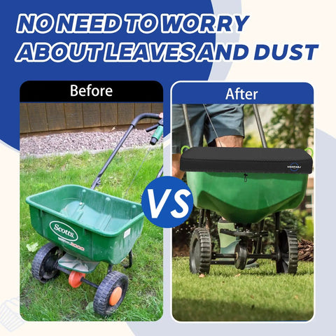 Comparison of a broadcast spreader before and after using a Waterproof 600D Heavy Duty Spreader Cover For Broadcast Spreaders P20-5010 And 85-100 Lb Fertilizer Spreaders Rain Or Shine All Weather UV Shield Dirt Debris Guard, showing improved protection against leaves and dust.
