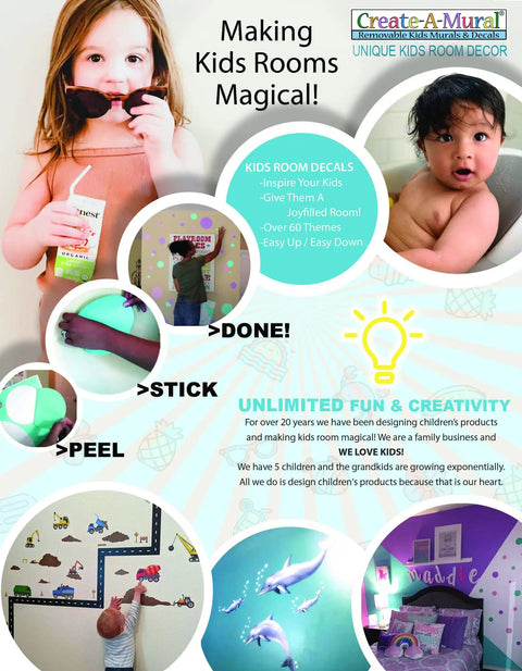 Children using wall decals to decorate rooms with vibrant designs, showcasing easy application and creative play. Includes road sign decals.