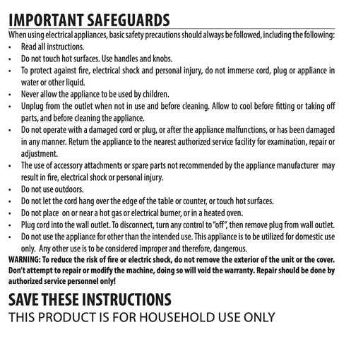 Important safety instructions for household electrical appliances with precautions and warnings outlined in text format.