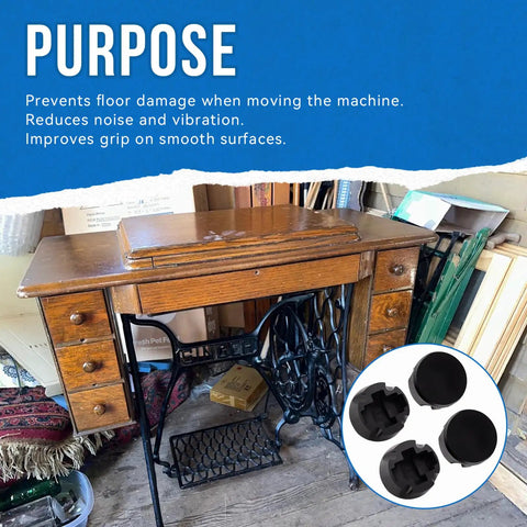 Vintage Singer Cast Iron Sewing Machine Base Caster Wheel Pads For One And A Quarter Inch Treadle Wheels Fits Standard One And A Quarter Inch Casters Easy Install Pad Set Old School Style shown with sewing machine base.