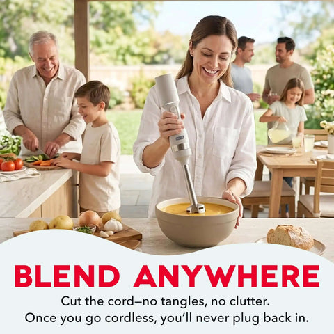 No Cord Hassle Cordless Immersion Blender Featuring Drop Proof Stainless Steel Blades And Spacious 24 Oz Mixing Cup in use making soup.