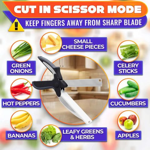 2 In 1 Kitchen Scissors For Food With Stainless Steel Blade And Plastic Cutting Board Safety Lock 9.5 Inch Tomato Knife And Fruit Vegetable Cutter Easy To Use Kitchen Shears For Meat And Cheese shown in scissor mode for cutting vegetables and fruits.