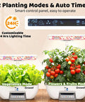 Indoor Hydroponics Growing System Kit With 17 Pod Garden, showing vegetables and fruits mode, dual planter setup with LED lights.