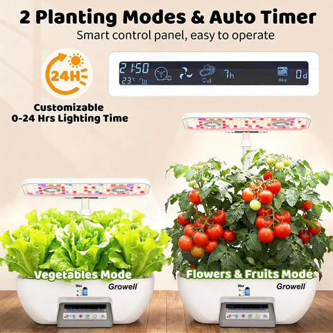 Indoor Hydroponics Growing System Kit With 17 Pod Garden, showing vegetables and fruits mode, dual planter setup with LED lights.
