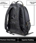 Rear view of 35-Pocket Solid Molded Base Heavy-Duty Tool Backpack with padded back, chest straps, and water bottle pocket.