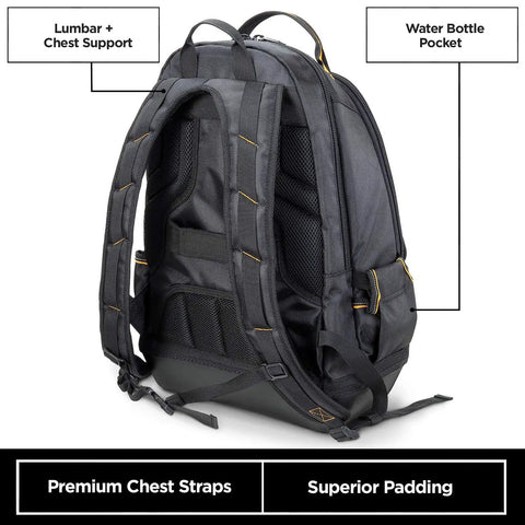 Rear view of 35-Pocket Solid Molded Base Heavy-Duty Tool Backpack with padded back, chest straps, and water bottle pocket.