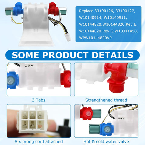 Washer Water Inlet Valve Replacement for Whirlpool Amana Kenmore W10140911 with six prong cord and hot & cold water valve