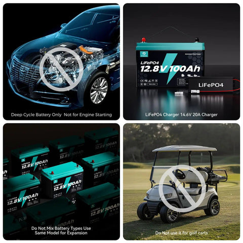 12V 100Ah LiFePO4 Deep Cycle Battery Group 31 With 120A BMS shown for various applications and not for engine starting or golf carts