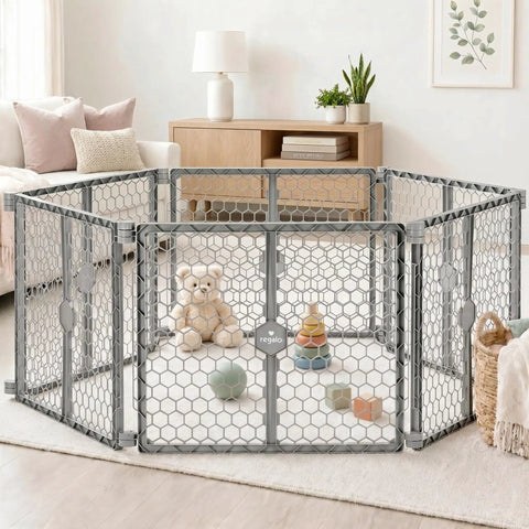 Mega Wide 192 Inch Baby Gate And Play Yard 2 In 1 Gate To Playpen Expands For Open Spaces in gray with toys inside