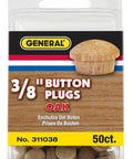 Oak Button Plugs 3 Eighths Inch Wood Hole Covers 50 Pack Decorative Button Head Plugs in packaging for furniture and wood projects