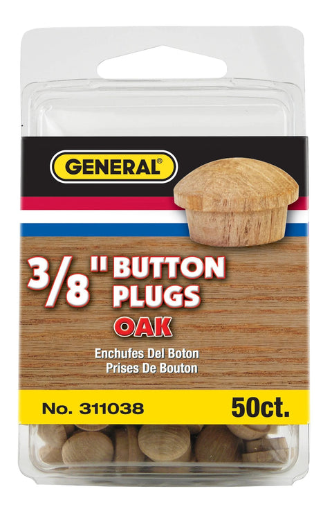 Oak Button Plugs 3 Eighths Inch Wood Hole Covers 50 Pack Decorative Button Head Plugs in packaging for furniture and wood projects