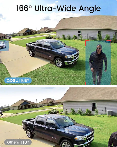 2K Add-On Camera For WirelessCam And SolarCam, Works With aosuBase, 166° view of driveway and yard showing truck and person